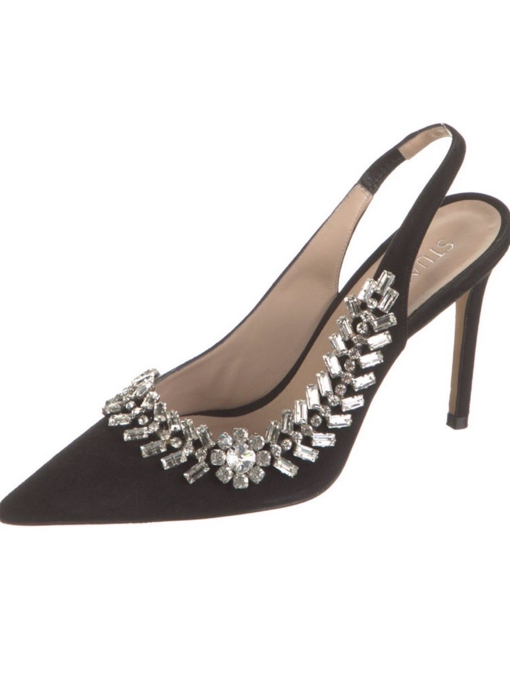 Stuart Weitzman Black Suede Slingback Pumps with Crystal Cluster